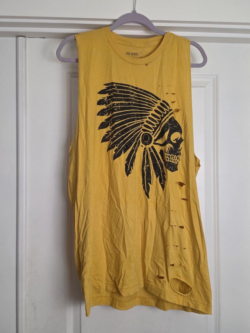 The Drive Clothing Men's Yellow Sleeveless Distressed Graphic Tank
